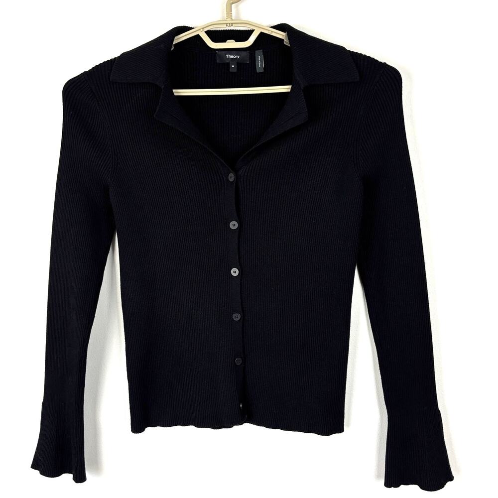 Theory Black Ribbed Knit Cardigan Shirt Bell Sleeves Collar Medium
